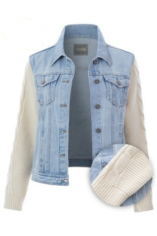 Denim Jacket with Knit Sleeves